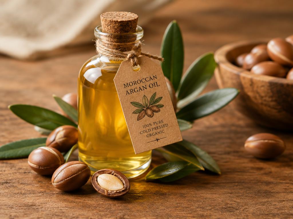 Bottle of pure cold-pressed Moroccan argan oil in a woven basket of argan nuts — the free gift Bacharide passengers receive on argan-forest routes