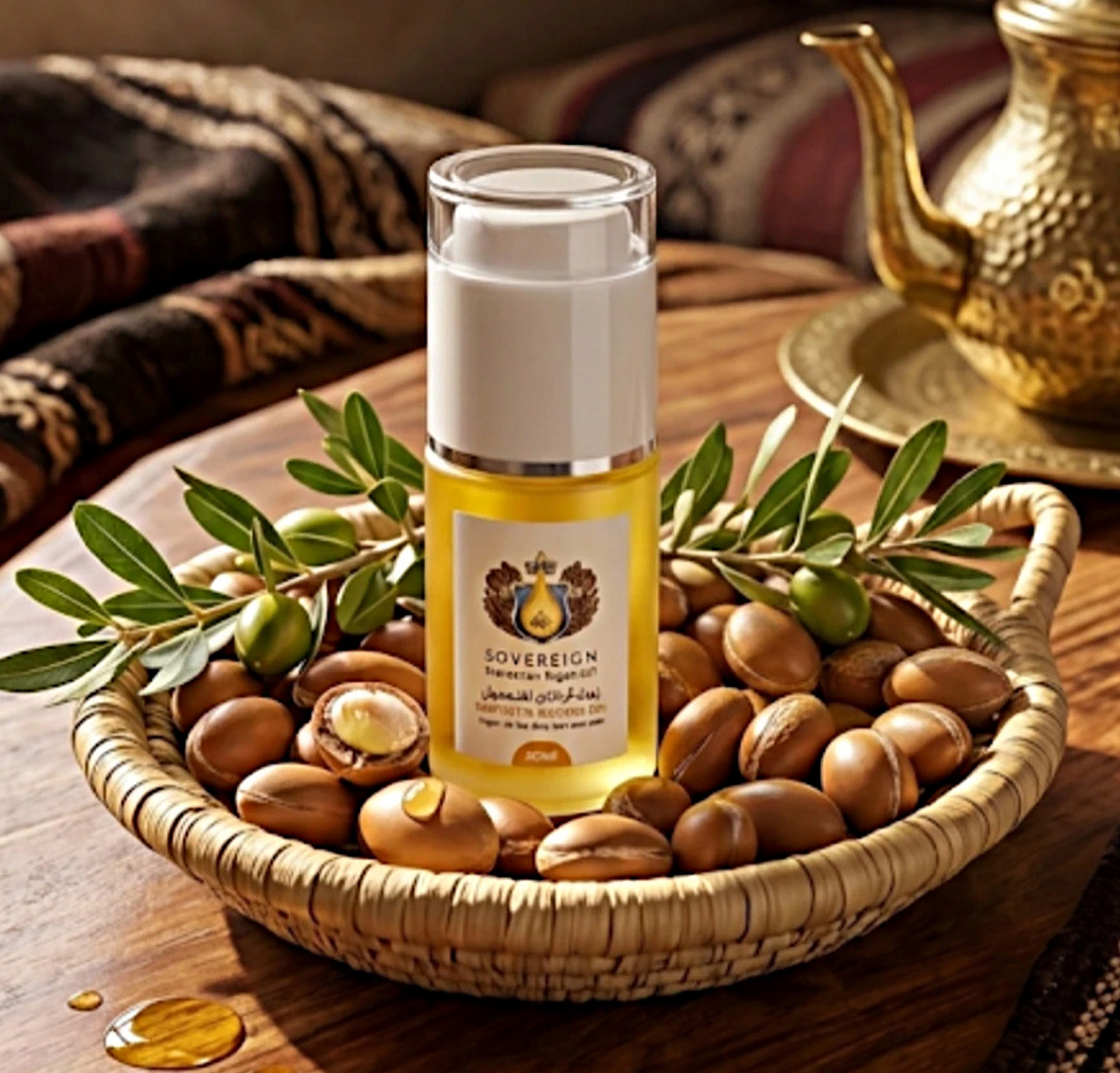 Bottle of pure cold-pressed Moroccan argan oil in a woven basket of argan nuts — the free gift Bacharide passengers receive on argan-forest routes