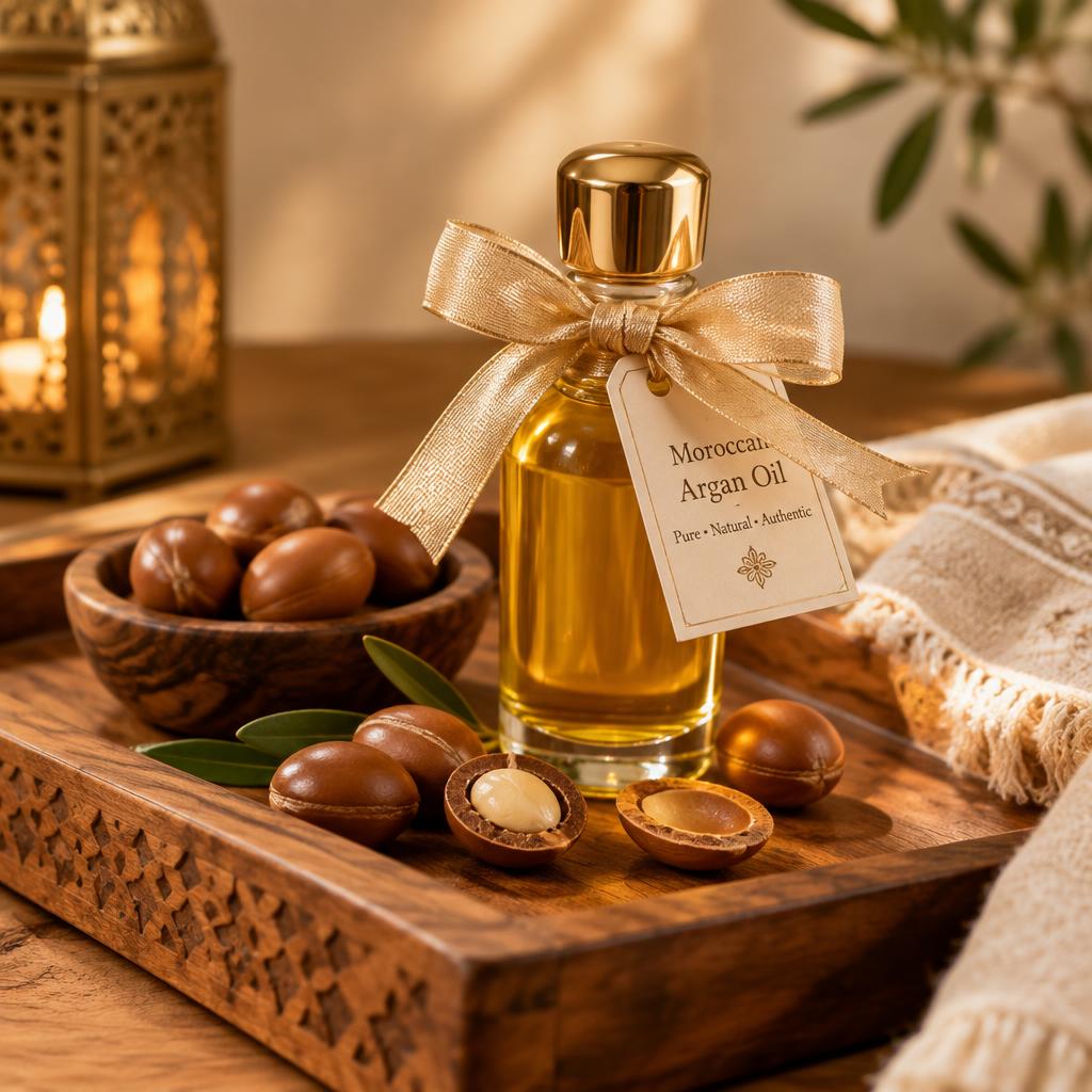 Bottle of pure cold-pressed Moroccan argan oil in a woven basket of argan nuts — the free gift Bacharide passengers receive on argan-forest routes
