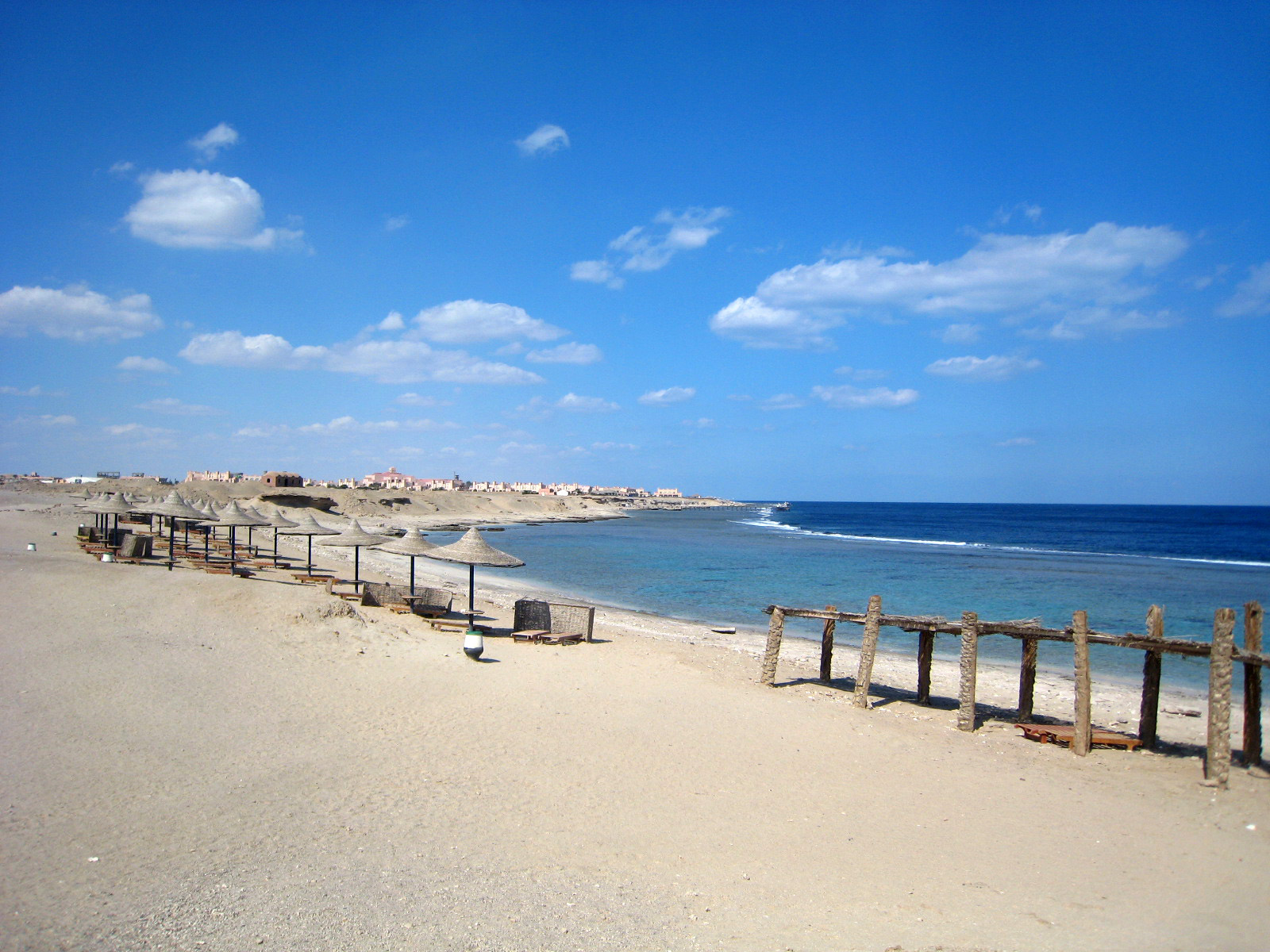 Resort beach with sun loungers at Marsa Alam, Red Sea, Egypt