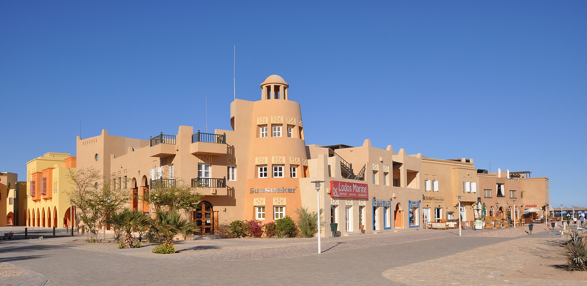 Lagoon and low-rise architecture in El Gouna, Red Sea, Egypt