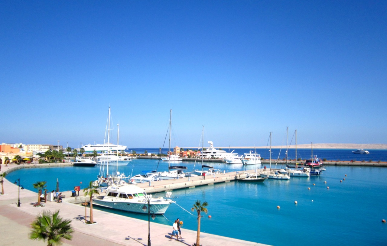 Boats and waterfront promenade at Hurghada Marina, Red Sea, Egypt