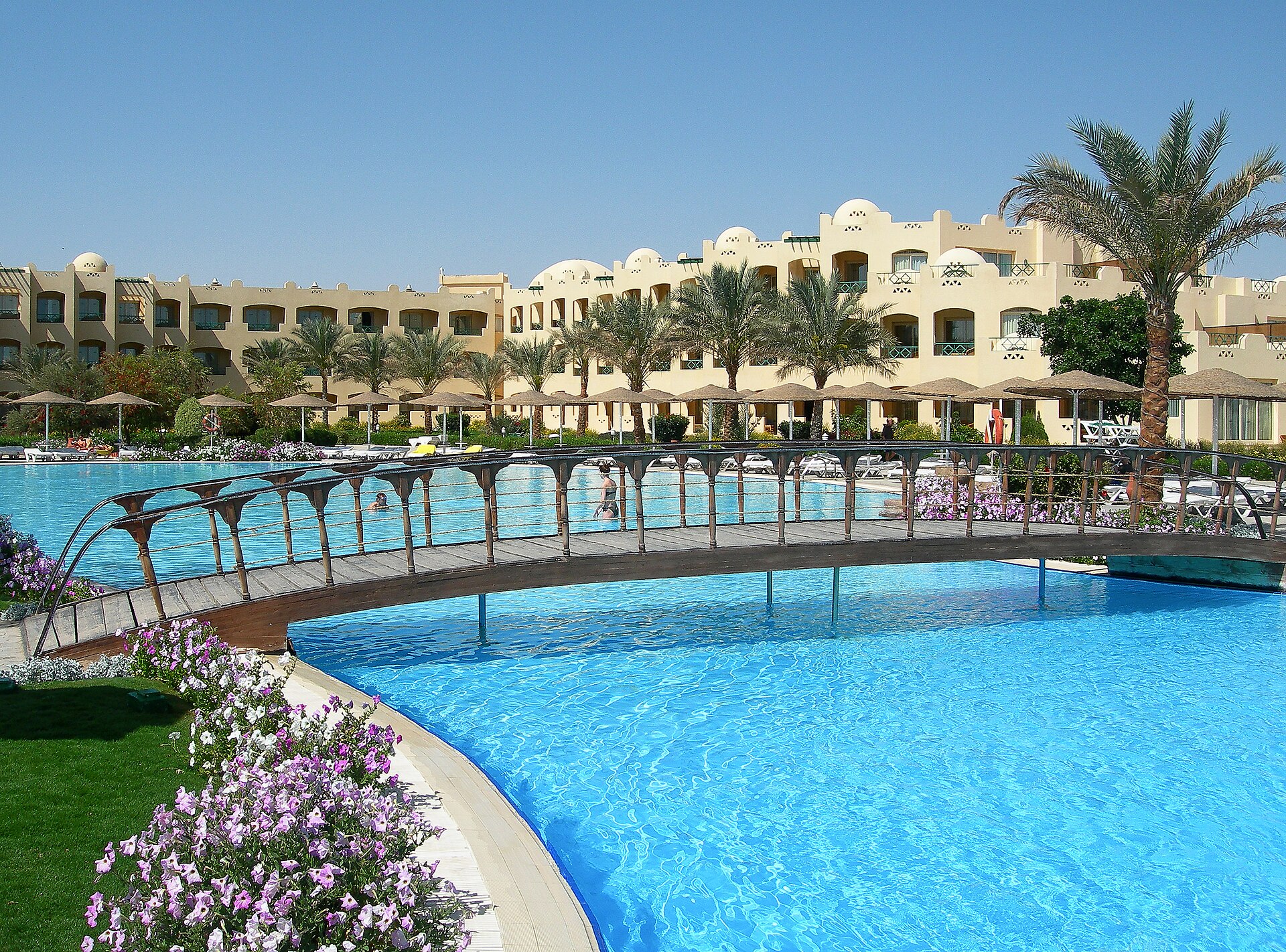 Resort hotel gardens and pool at Makadi Bay, Red Sea, Egypt