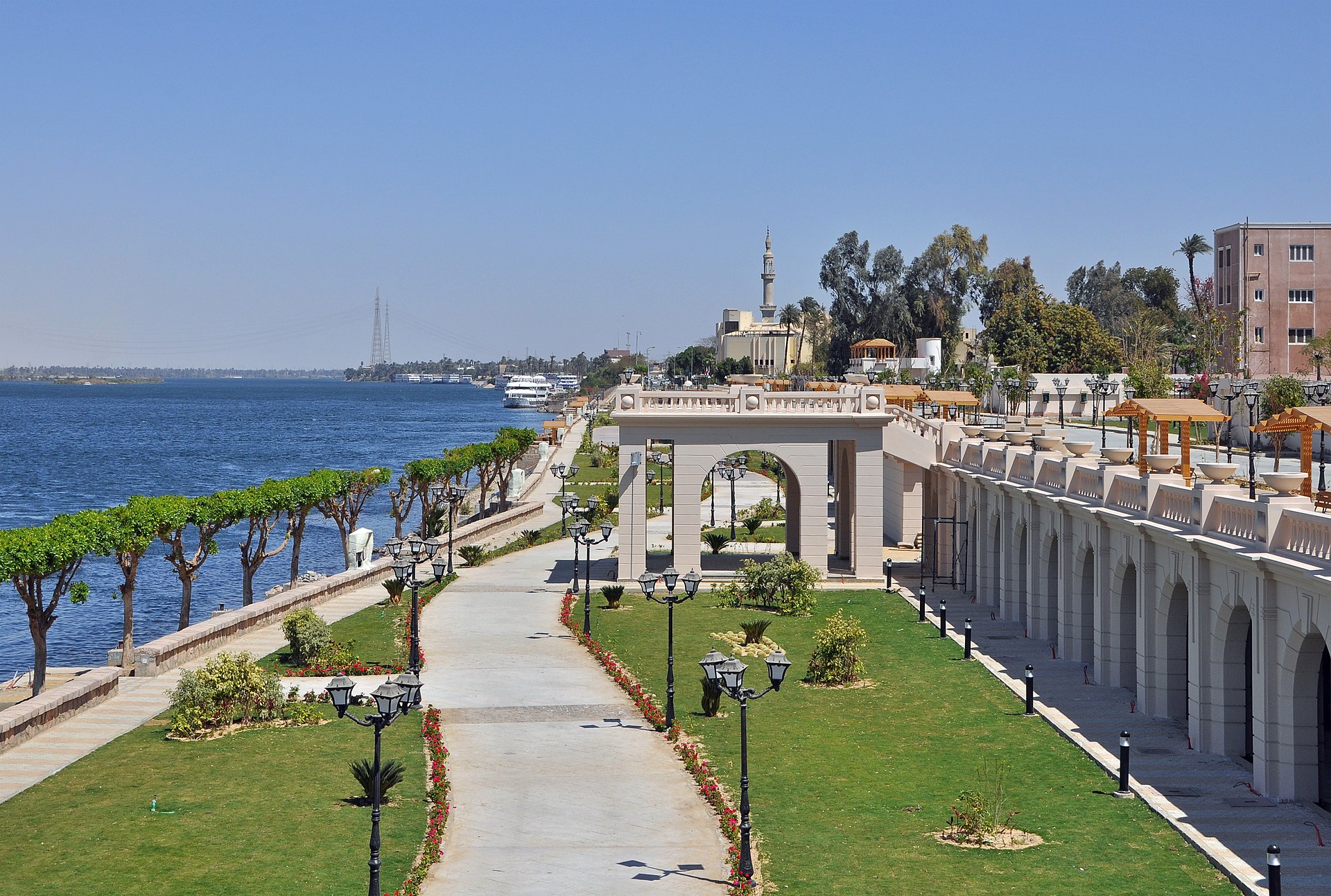 New Corniche promenade beside the Nile in central Luxor, Egypt