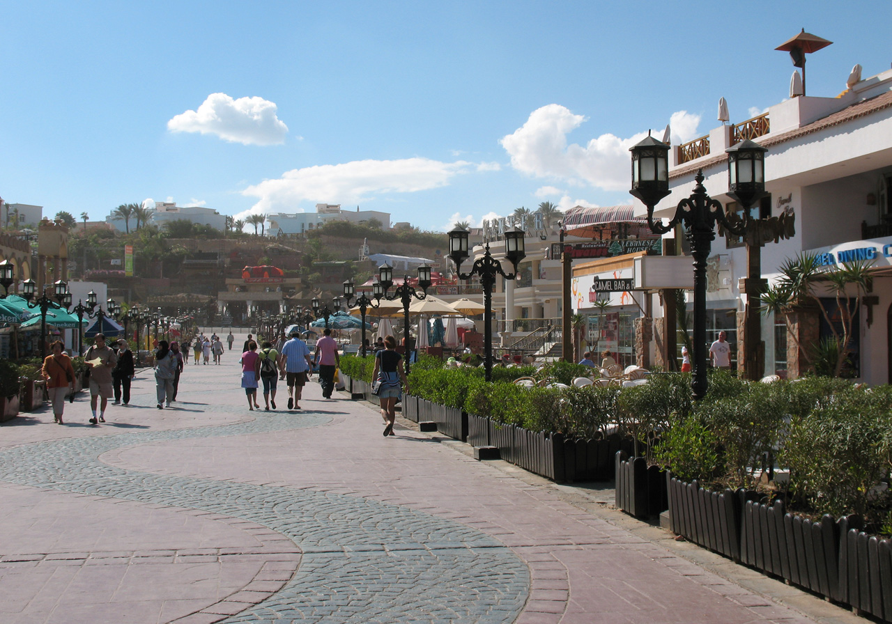 Naama Bay beach and hotels in Sharm El Sheikh, Egypt