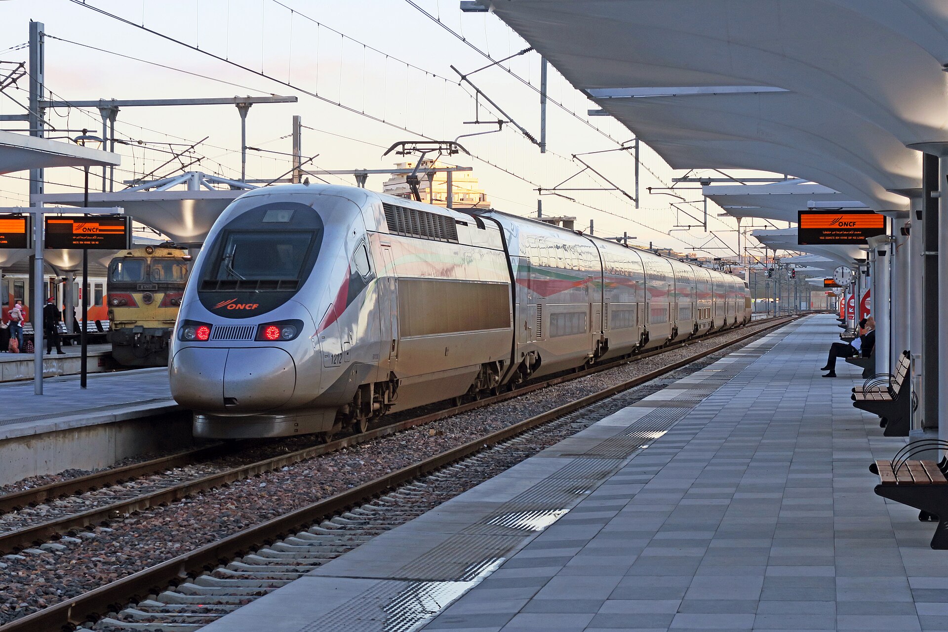 Al Boraq high-speed train at a Moroccan railway station platform