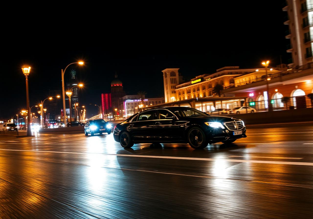 Black luxury sedan driving through Casablanca city centre at night