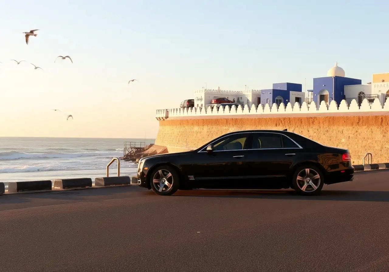 Black luxury sedan parked at the Essaouira ramparts at golden hour