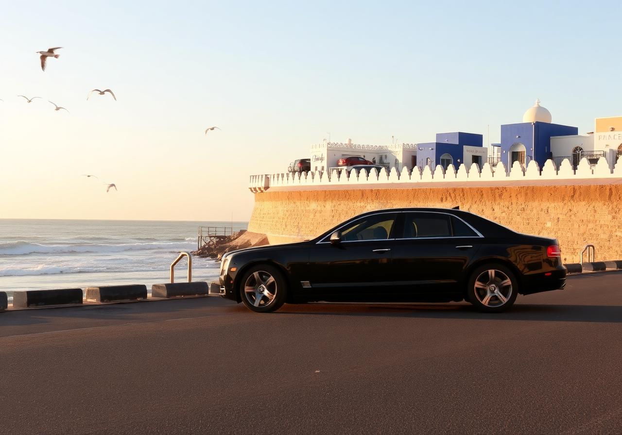 Black luxury sedan parked at the Essaouira ramparts at golden hour