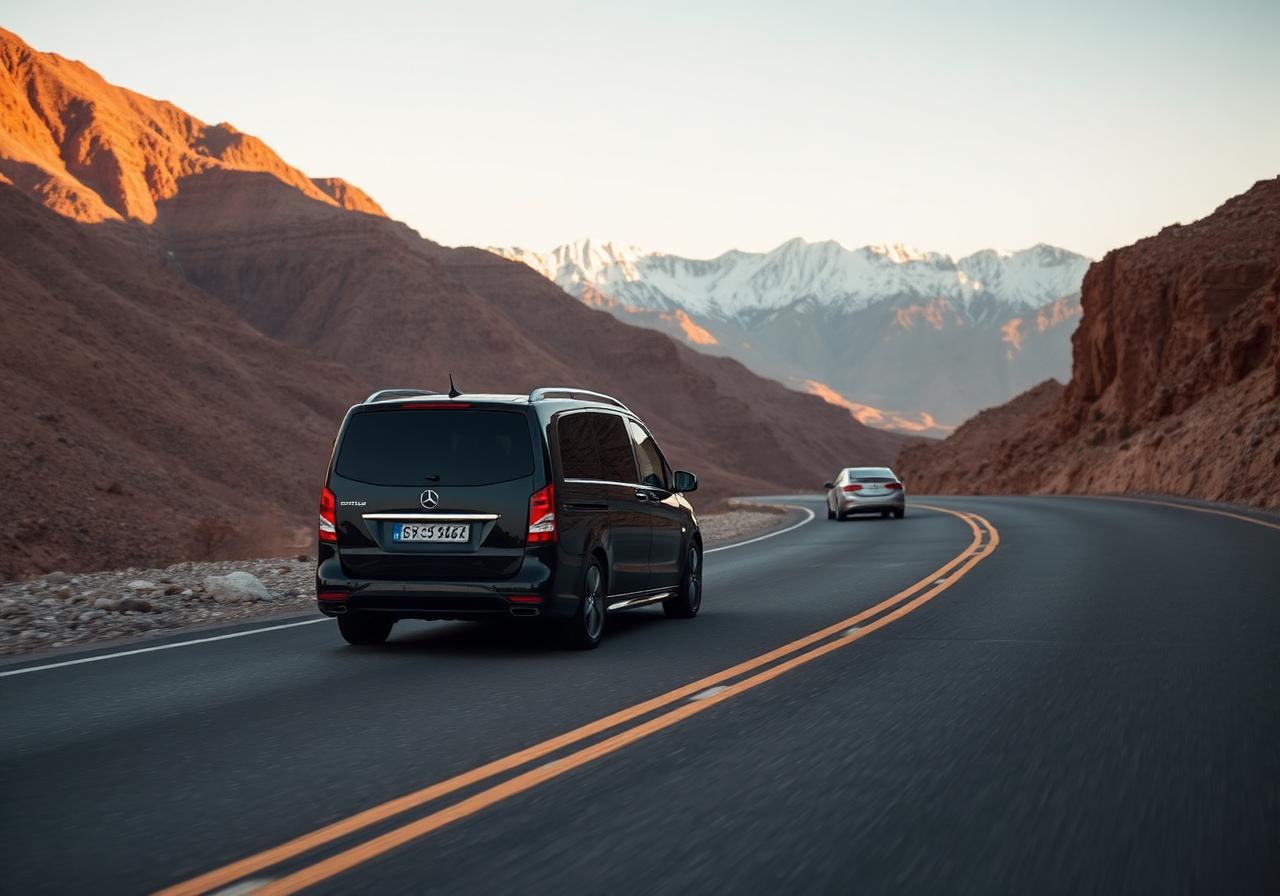 Mercedes V-Class on a winding Atlas Mountains road in Morocco
