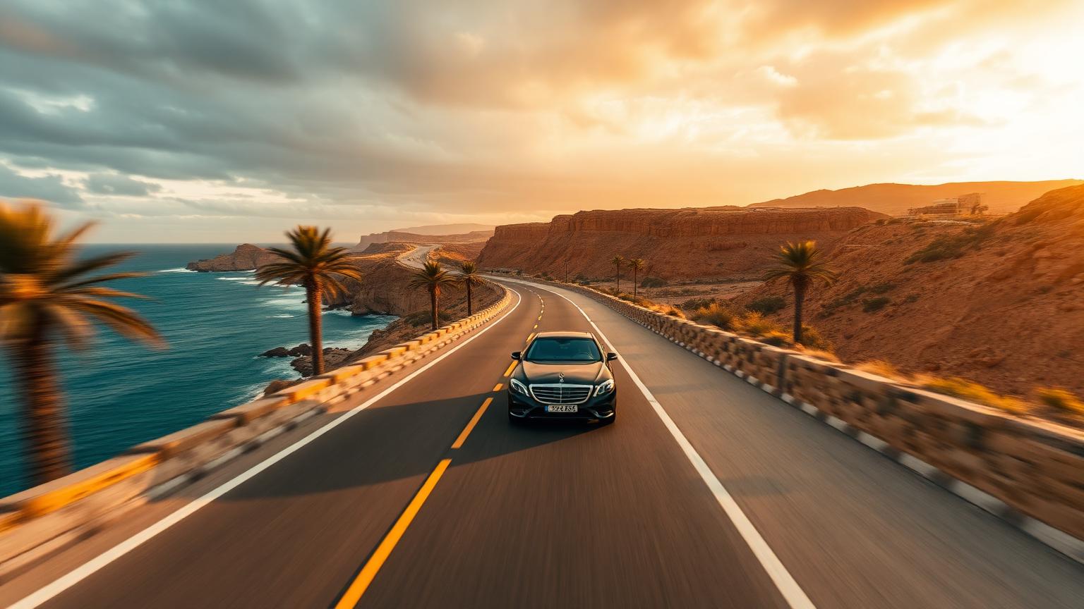 Black Mercedes driving along the Moroccan Atlantic coast at golden hour
