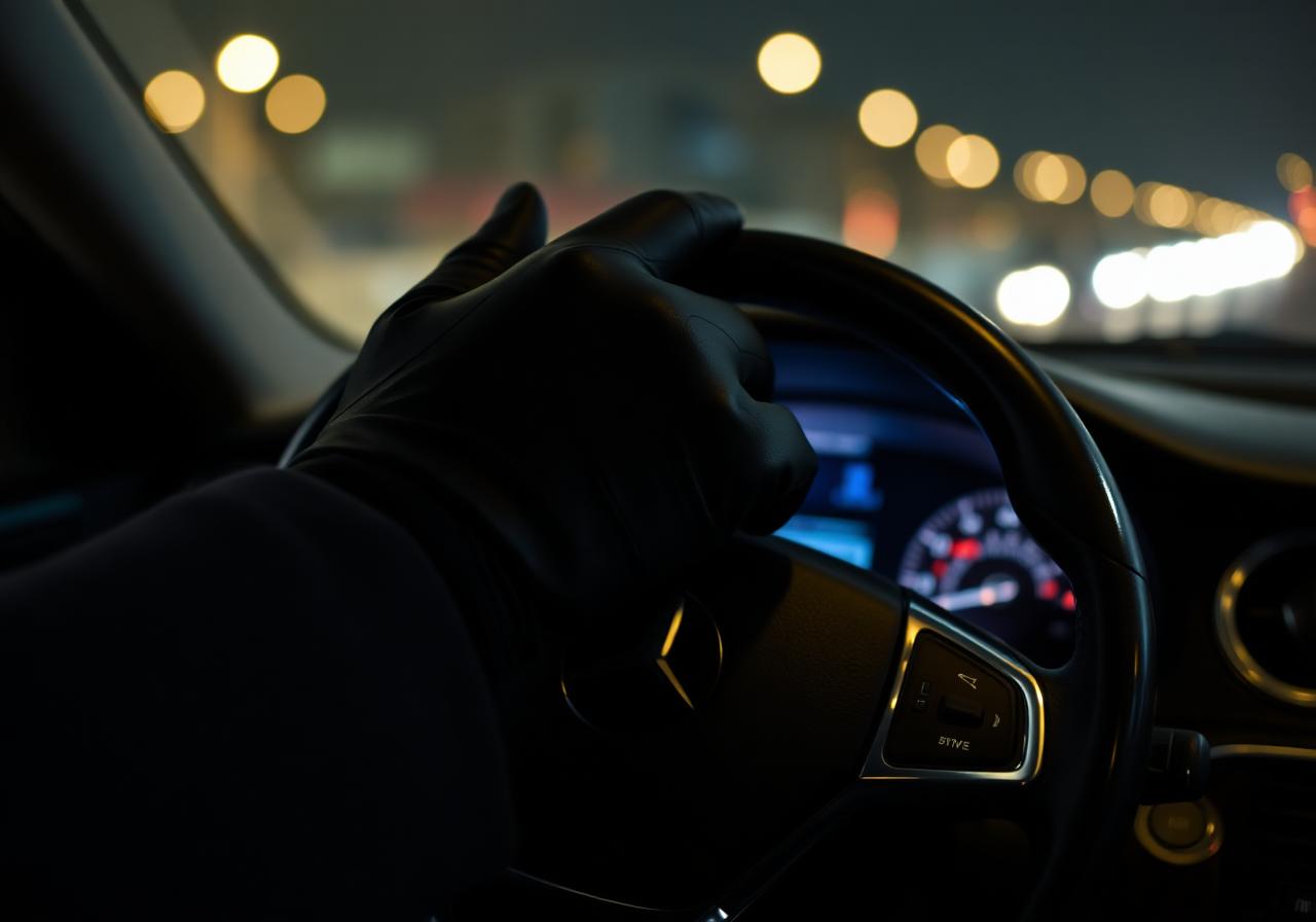 Close-up of a Moroccan chauffeur's gloved hands on the steering wheel of a Mercedes at night