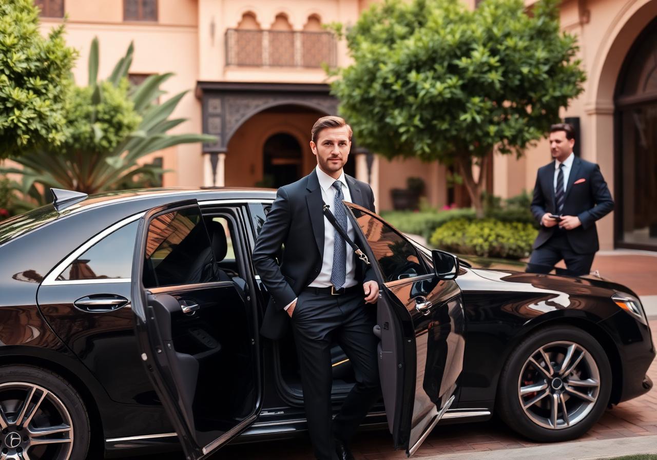 Businessman stepping out of a Mercedes at a luxury Marrakech hotel