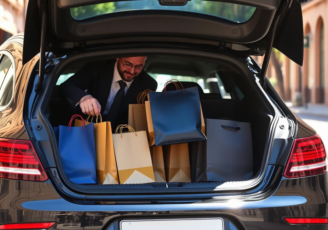 Chauffeur loading shopping bags into the trunk of a luxury Mercedes