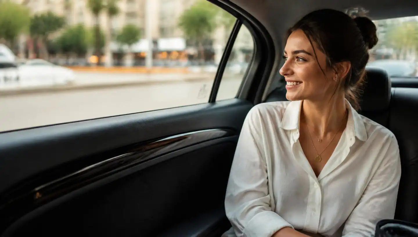 Smiling passenger riding in the back of a private Bacharide transfer car